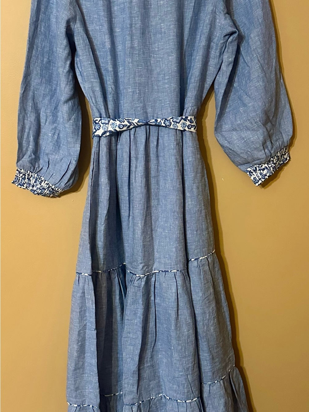 Boden Alba Linen Maxi Dress Light Blue Tiered Long Dress with Floral Trim - Picture 4 of 8